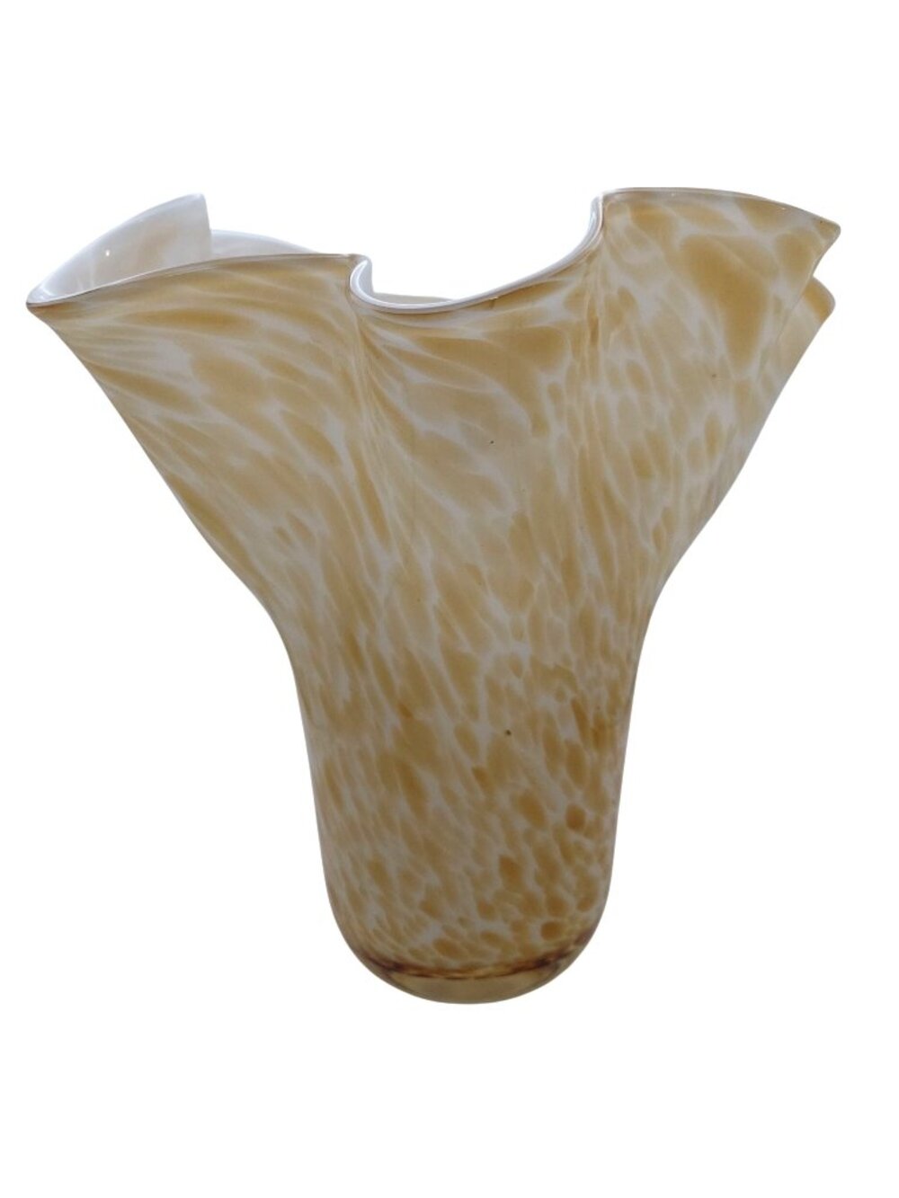 Hand Blown Handkerchief Glass Vase Amber Speckled Ruffled Edge Murano Style Vtg